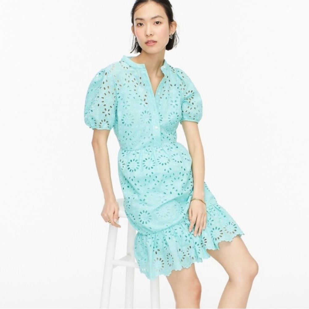 J. Crew Puff-sleeve eyelet dress Sunwashed Aqua
